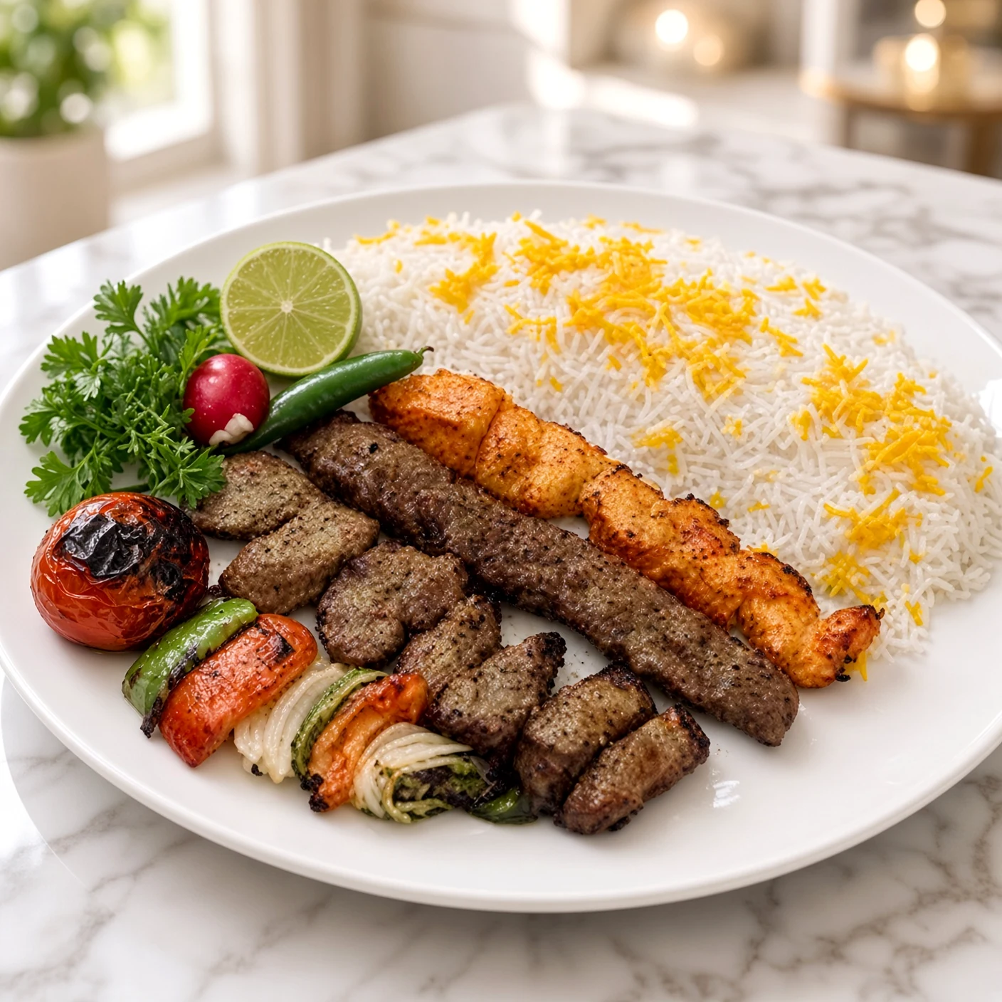 Darband Special, A combination of three juicy skewers of boneless chicken, seasoned ground sirloin and delicious chunks of tenderloin, served with basmati rice and a charbroiled tomato, bell pepper and onion.