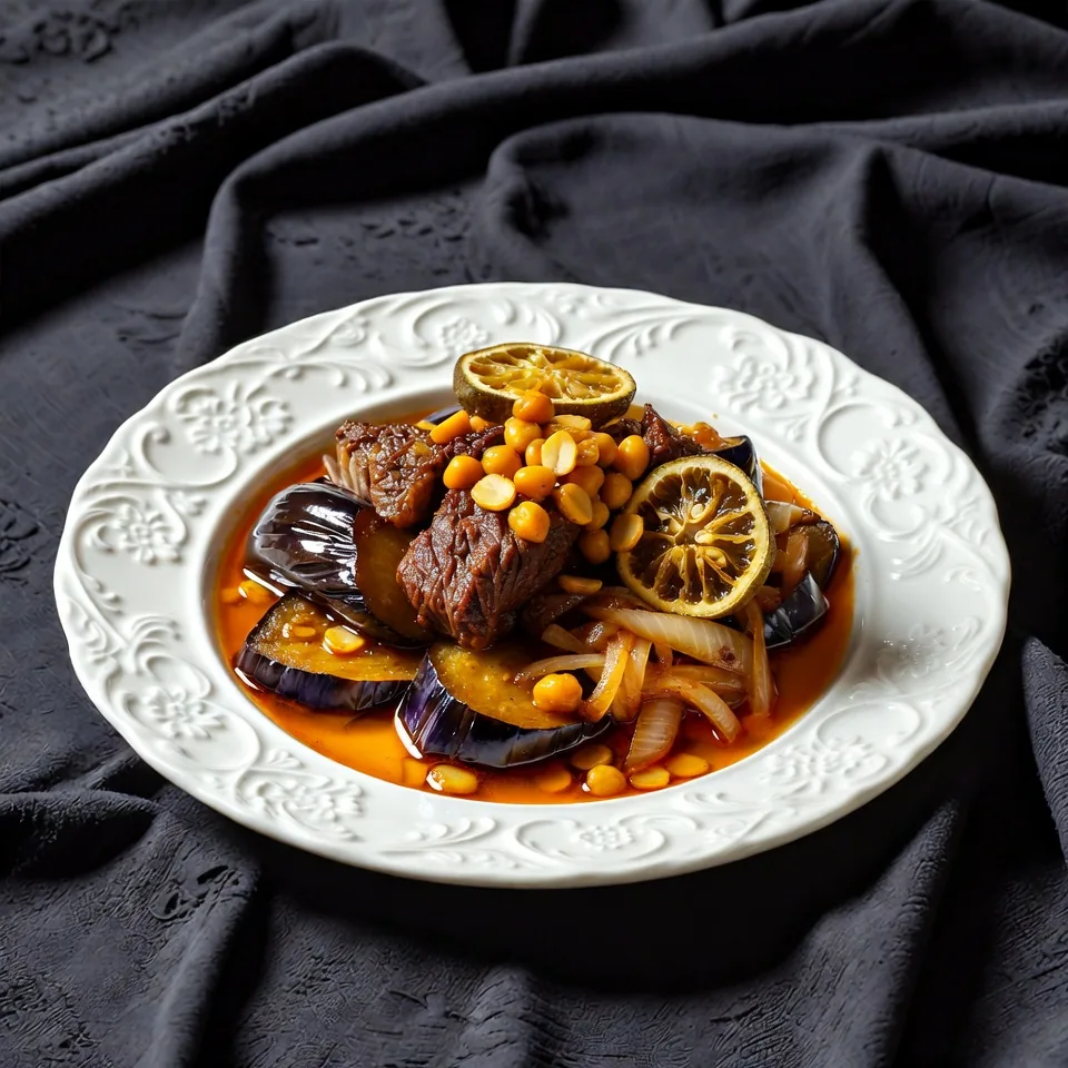 Gheimeh Bademjan, Sautéed eggplant, onions, beef and sun-dried limes, simmered with yellow split peas in our special tomato sauce.
