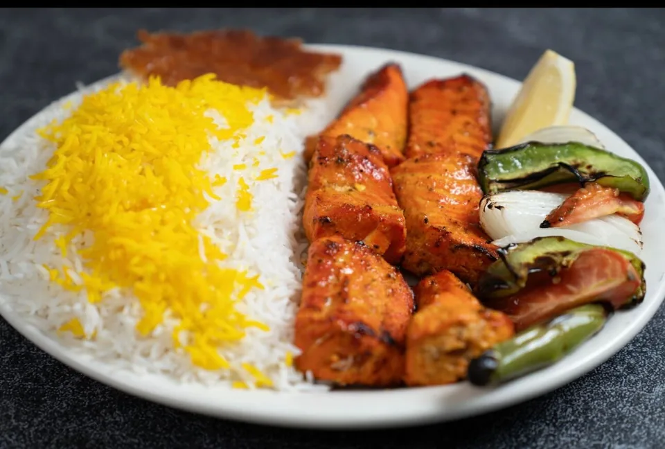 Salmon kabob with tahdig