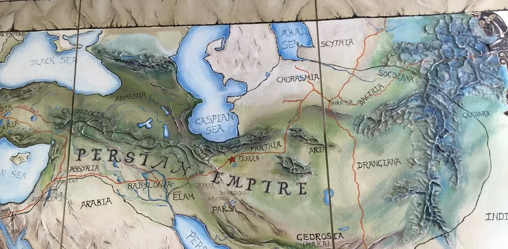 The hand-painted map of the Persian Empire on the wall of the first Darband on Fifth Avenue
