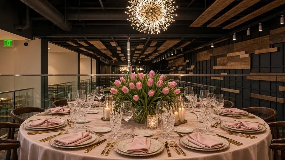 A round table dressed for a private event upstairs