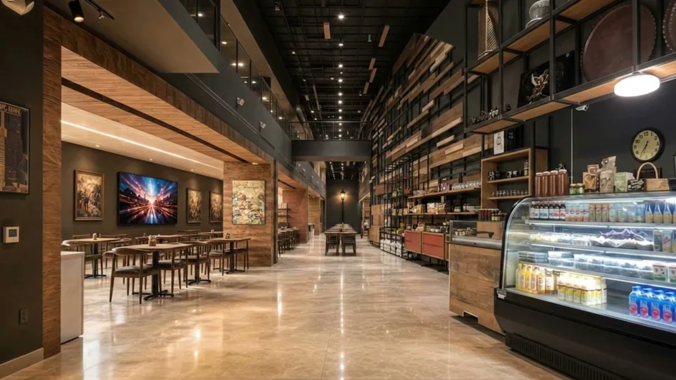 The long hall under the reclaimed wood wall